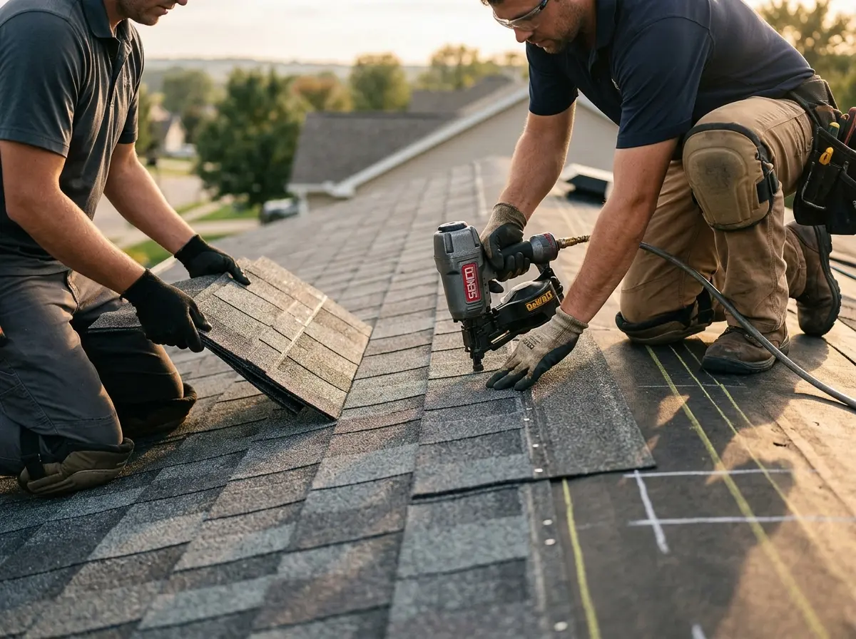 Professional roofer working on a residential roof in Mango